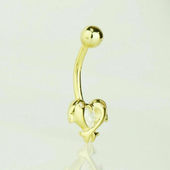 Solid 14k Gold Dolphin Love Belly Button Ball Body Jewelry Piercing with Stone - Picture 3 of 4